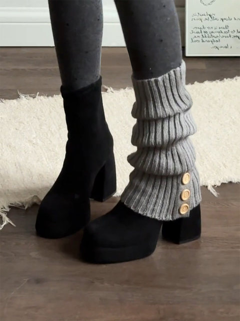 Gray Slouchy Socks for Women, Spring and Autumn, Knitted with Buttons, Vertical Stripes, Split Design, Warm Leg Warmers, Black Slimming Calf Socks for Winter