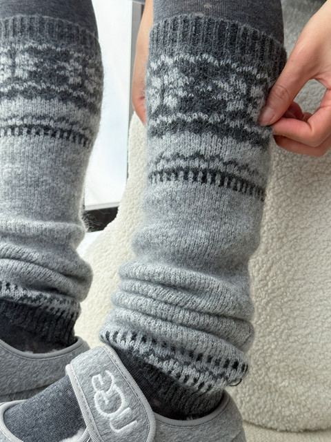 Gray Fair Isle Wool Slouch Socks for Women, Autumn and Winter 2025 New Vintage Slimming Thickened Snow Boot Leg Warmers