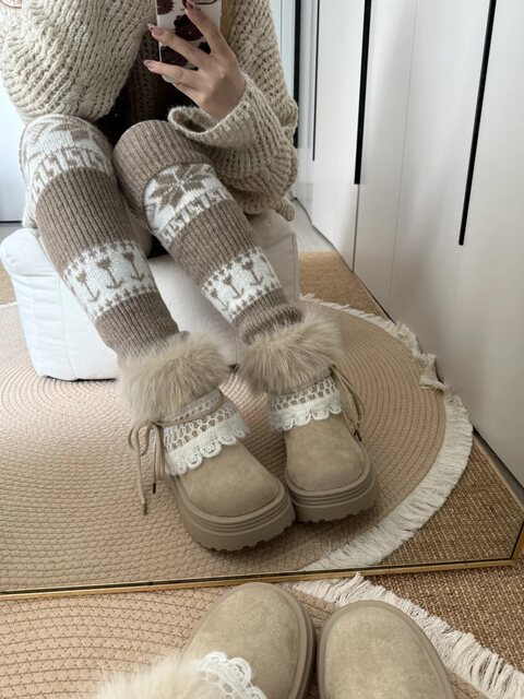 Sock Covers for Women's Snow Boots, Autumn and Winter Khaki Fair Isle Slouch Socks, Warm and Thick Retro Calf Warmers