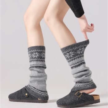Gray Fair Isle Wool Slouch Socks for Women, Autumn and Winter 2025 New Vintage Slimming Thickened Snow Boot Leg Warmers