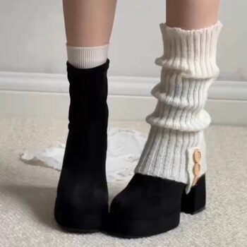 White Slouchy Socks for Women, Spring and Autumn, Knitted with Buttons, Vertical Stripes, Split Design, Warm Leg Warmers, Black Slimming Calf Socks, Winter