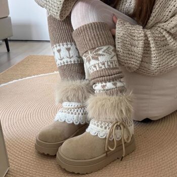 Sock Covers for Women's Snow Boots, Autumn and Winter Khaki Fair Isle Slouch Socks, Warm and Thick Retro Calf Warmers