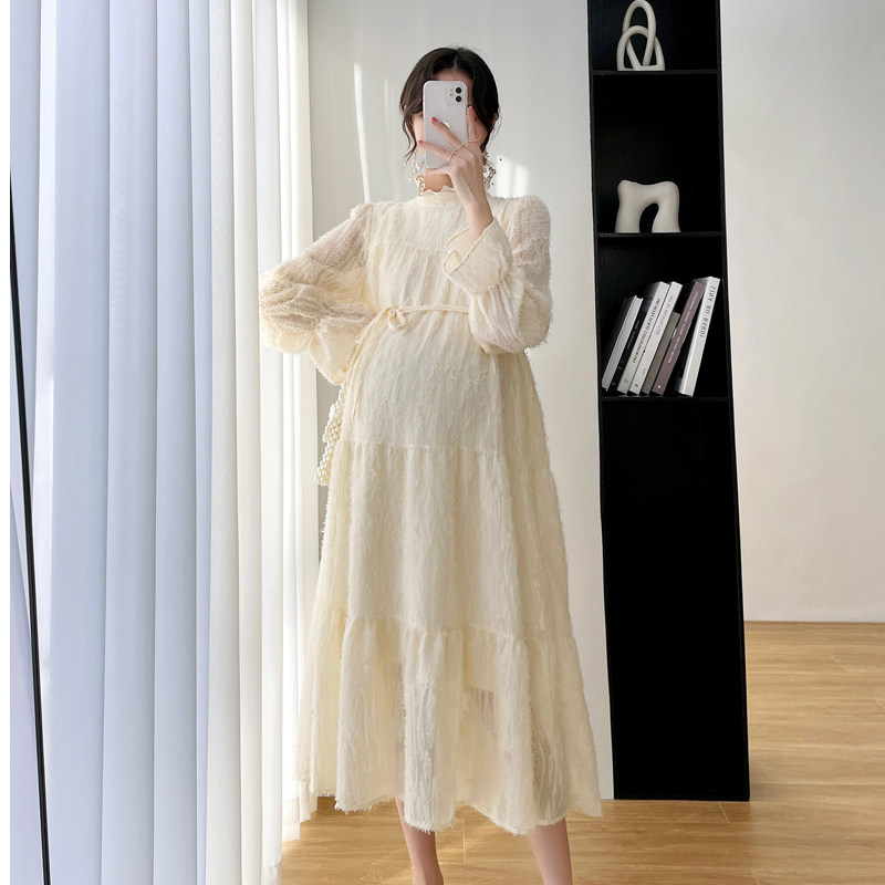 2021 new maternity dress autumn and winter plus velvet lace elegant temperament loose long-sleeved knee-length dress