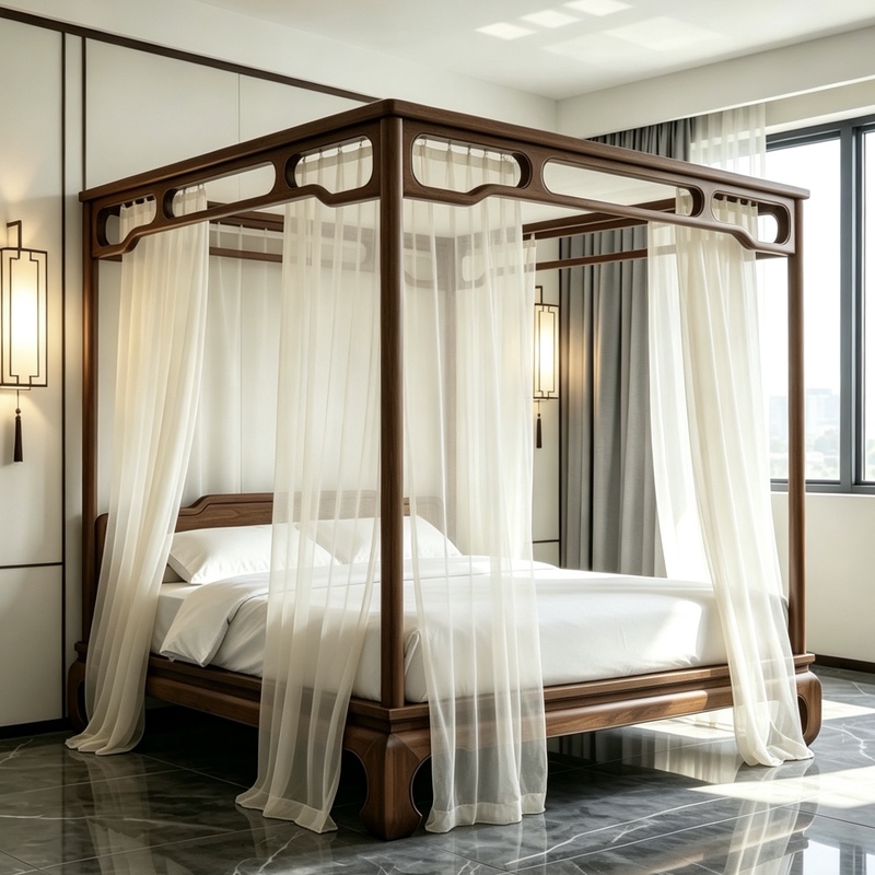 New Chinese-Style Black Walnut Solid Wood Canopy Bed, Four-Poster Bed, Double Bed, Floor-Standing Mosquito Net, Princess-Style Blackout Bed Curtain New Chinese-Style Black Walnut Solid Wood Canopy Bed, Four-Poster Bed, Double Bed, Floor-Standing Mosquito Net, Princess-Style Blackout Bed Curtain