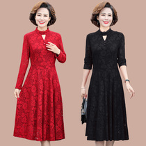 2021 new middle-aged and elderly moms long sleeves dress 40-year-old Lady Yanggui Over Knee Lace Dress