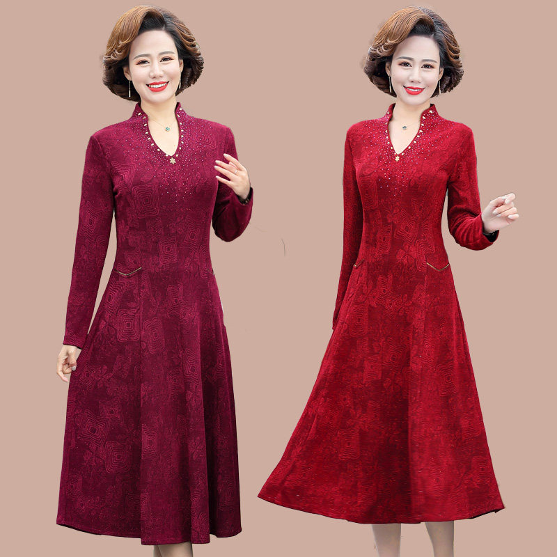 Mother's spring dress mid-length middle-aged and elderly women's clothing 2021 new spring and autumn fashion middle-aged over-the-knee skirt