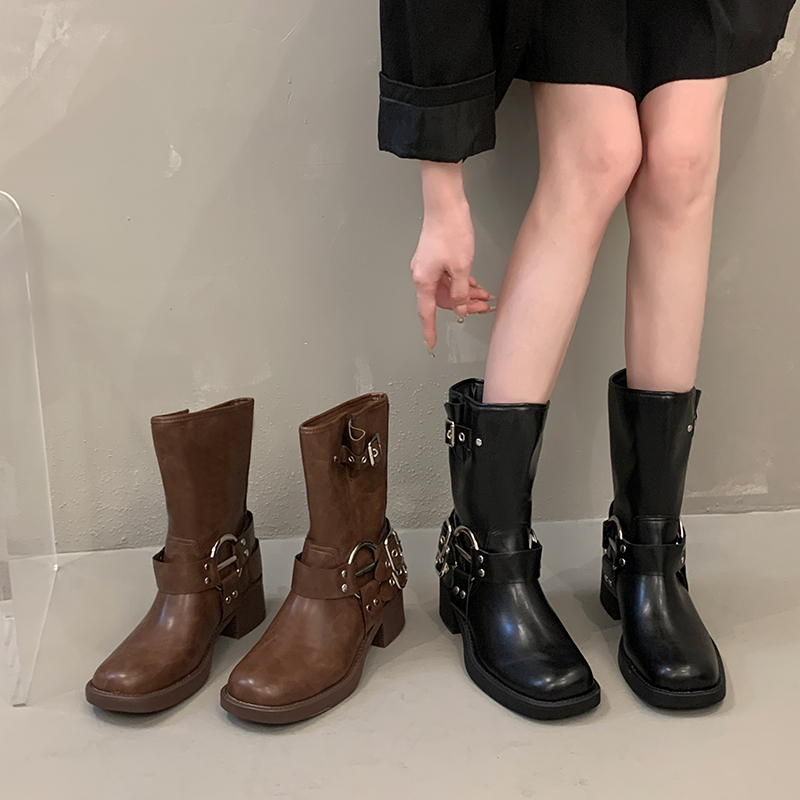 <!--马丁靴女夏季粗跟西部牛仔短靴2024新款春秋复古英伦风棕色骑士靴-->