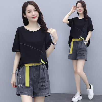 休闲套装女阔腿短裤时尚纯棉T恤减龄两件套