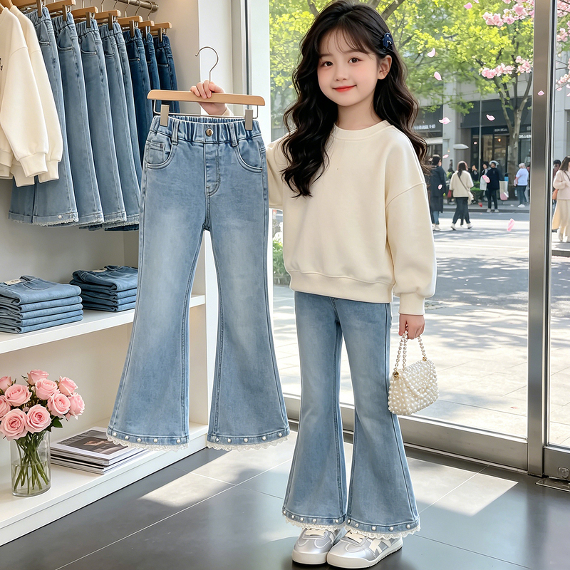 Girls' Autumn Jeans 2026 New Korean Style Children's Pants for Girls Spring and Autumn Pants with Pearl Lace Slim Fit Pants