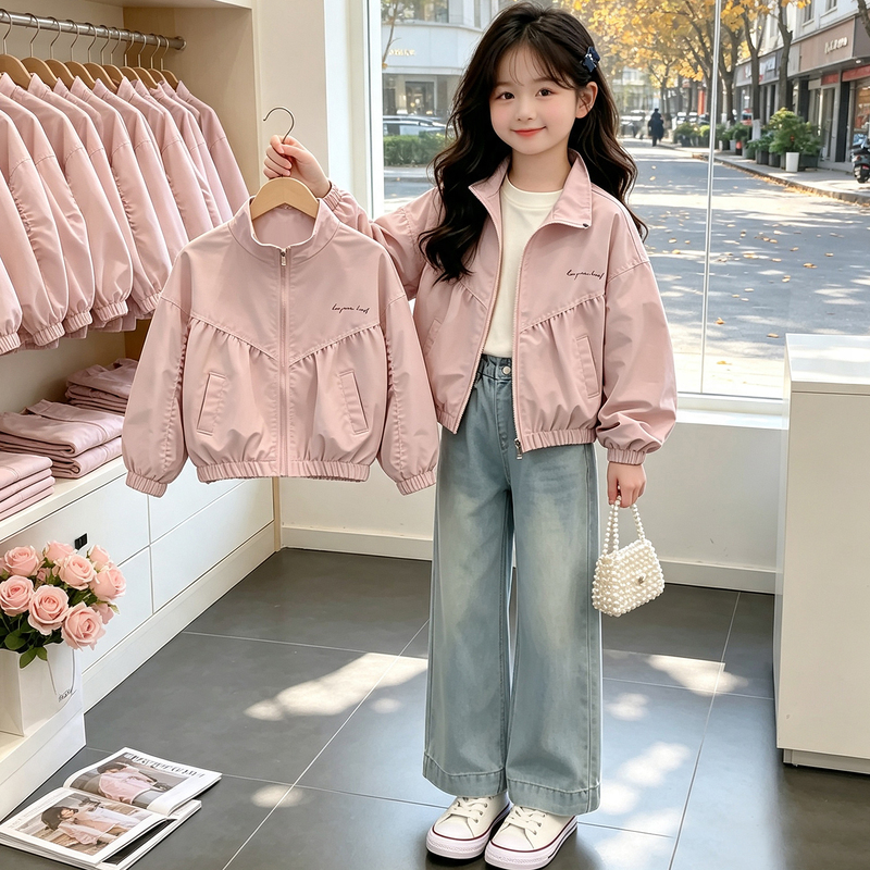 Girls' Autumn Jacket 2026 New Stylish Sweet Children's Spring and Autumn Jacket with Batwing Sleeves and Letter Print