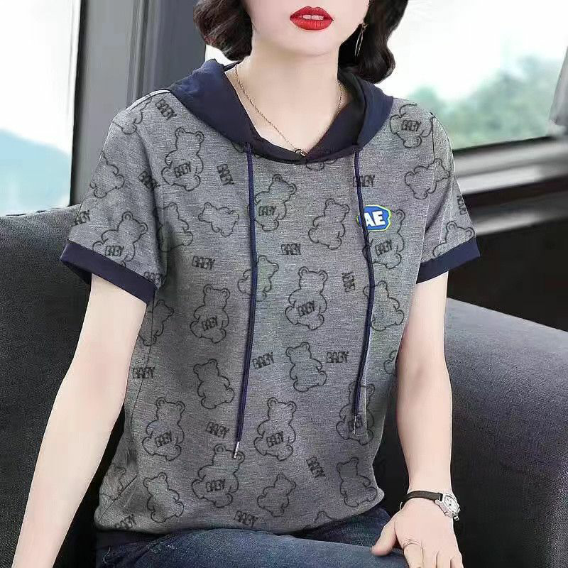 Cotton-containing western-style sweater 2023 spring and summer new Korean version loose age-reducing hooded middle-aged mother short-sleeved T-shirt ins tide