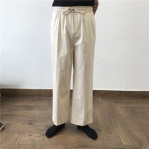 2020 spring Japanese Korean style simple all-match beige casual wide-leg loose lace-up straight nine-point pants for men and women