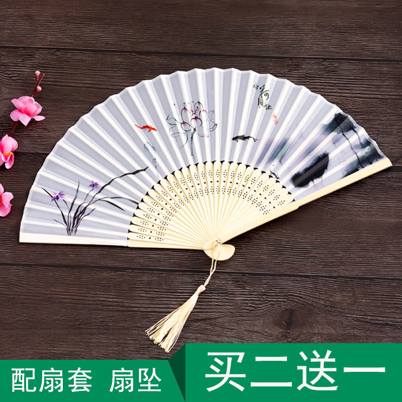 23CM Chinese style ink women's fan dance cheongsam ancient style Chinese clothing classical tassel cute folding small folding fan
