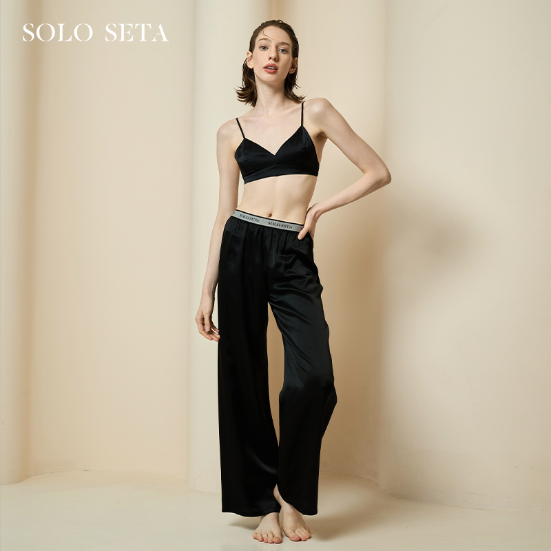 Soloseta Silk Pajama Pants for Women, Spring and Summer Brand, Mulberry Silk, Mid-High Waist, Black Wide-Leg Pants, Suitable for Sports and Can Be Worn Outside