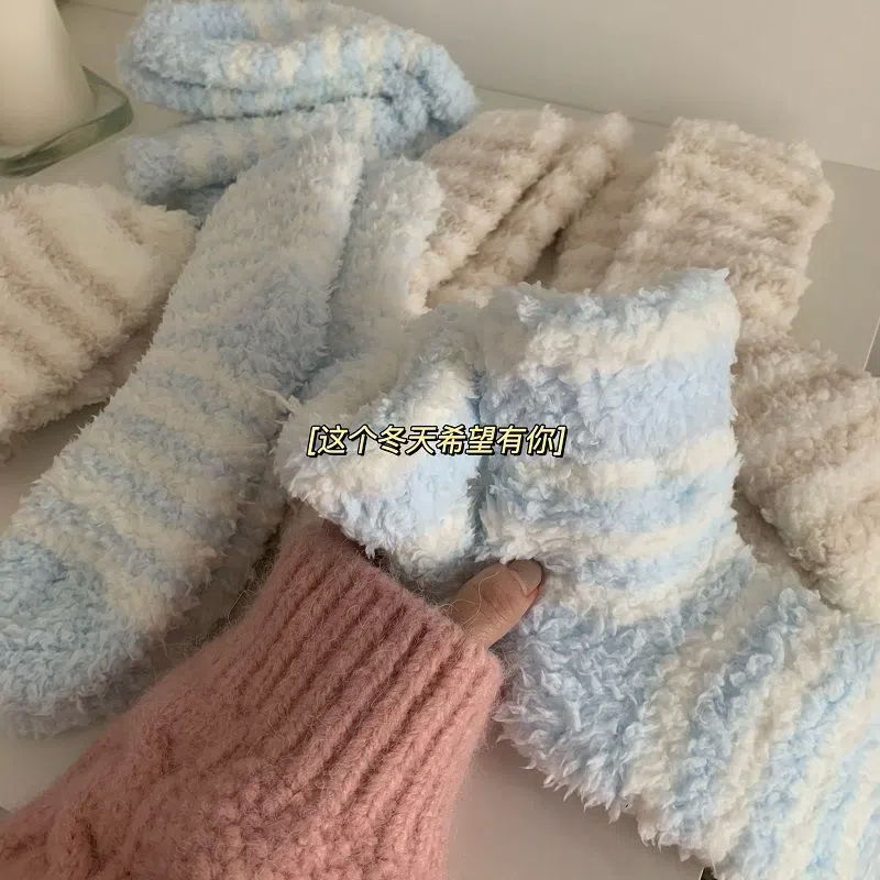 Lamb suede Sox children Japanese striped floor Sox sleep socks midbarrel socks autumn winter thickened warm home Coral Fleece-Taobao