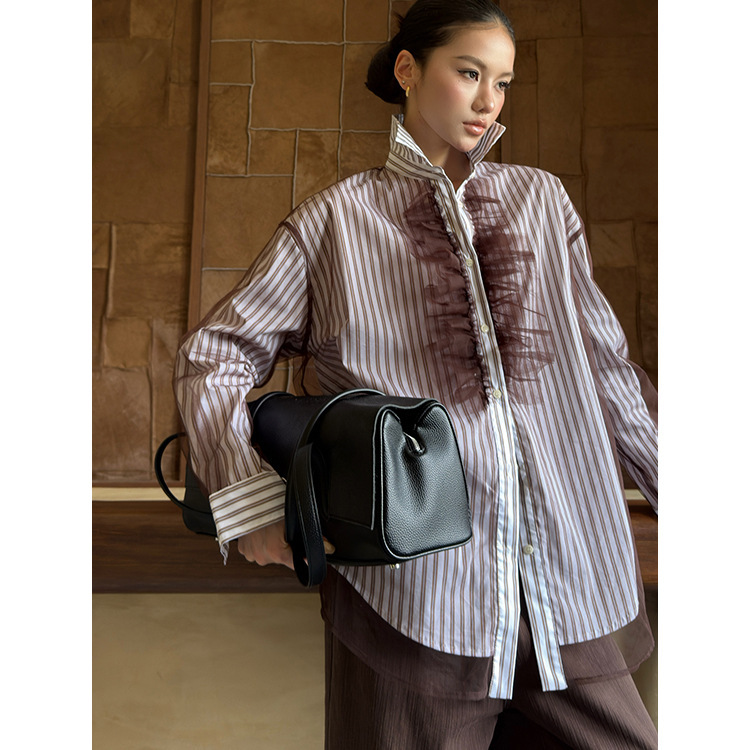 Inss Retro Mesh Patchwork Shirt for Women, Autumn Tencel Versatile Design Slimming Top