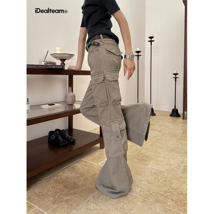 Inss Cotton Flared Casual Pants for Women with Multi-Pocket Design Workwear Pants