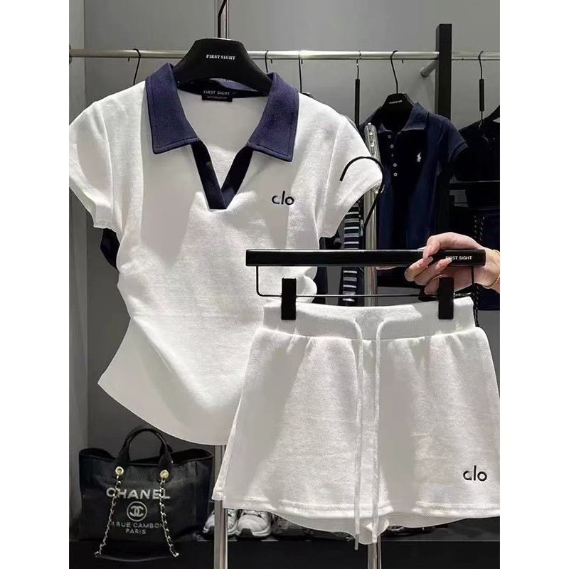 White Sports Casual Fashion Polo Shirt Short-Sleeved T-Shirt Top Women's Summer 2025 New Shorts Skirt Two-Piece Suit