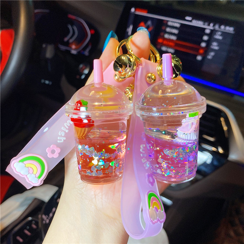 Creative Oil-Filled Macaron Cake Milk Tea Cup Floating Bottle Keychain Girly Drift Pendant Backpack Decoration for Men