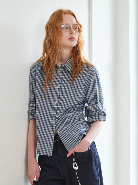 714Street Loose Pure Cotton Couple Long-Sleeved Blue Plaid Shirt for Men and Women 2026 Spring Miu Style Outfit Shirt