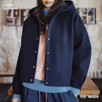 Madden retro navy blue waist casual thickened windproof hooded woolen coat cardigan top for women autumn and winter