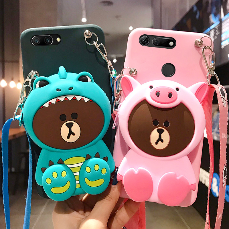 小熊华为荣耀20手机壳v20背包式20i卡通10青春版零钱包20pro斜挎支架10i少女荣耀9挂绳9i可以背的v10挂脖十九