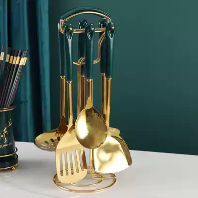 Light luxury stainless steel spatula set soup spoon mixed noodle spoon anti-hot ceramic handle fried shovel household rice spoon rack