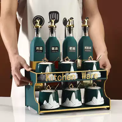 High-value ceramic seasoning jar Seasoning bottle Kitchen oil, salt, sauce and vinegar seasoning bottle combination set Household storage box