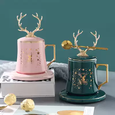 Couple mug with lid spoon coffee cup high-end gift personality trend cup Ceramic drinking cup Office teacup