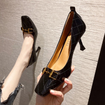 New strong push ~ French style temperament square head high heel heels 100 lap lacquered leather bright leather light mouth single shoes