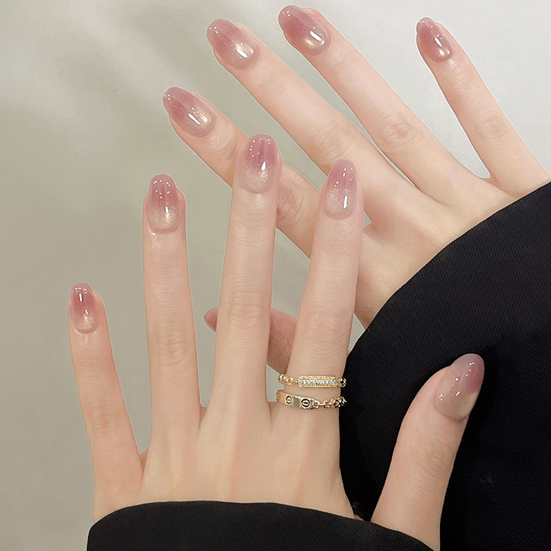 Handmade Short Nail Patches 2026 New Style High-End Purple Gradient Brightening Almond Cat Eye Misty Mountain Hibiscus