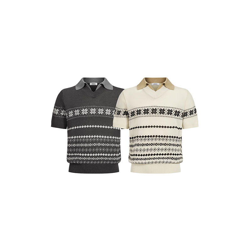 Dert Vibe Fair Isle Luxury Linen Natural Cooling Short-Sleeved Men's and Women's Summer Breathable Seagull Collar Knitwear