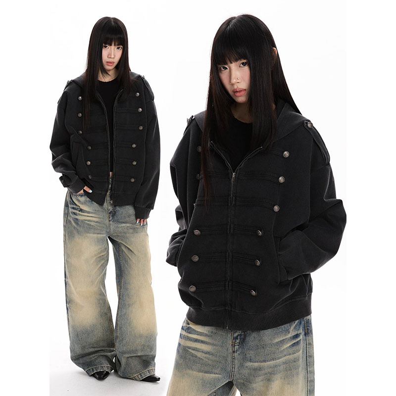 American Retro Napoleon Court-Style Button-Up Long-Sleeve Sweatshirt for Men and Women, Autumn Street Style, Vintage Loose Hooded Jacket, Trendy