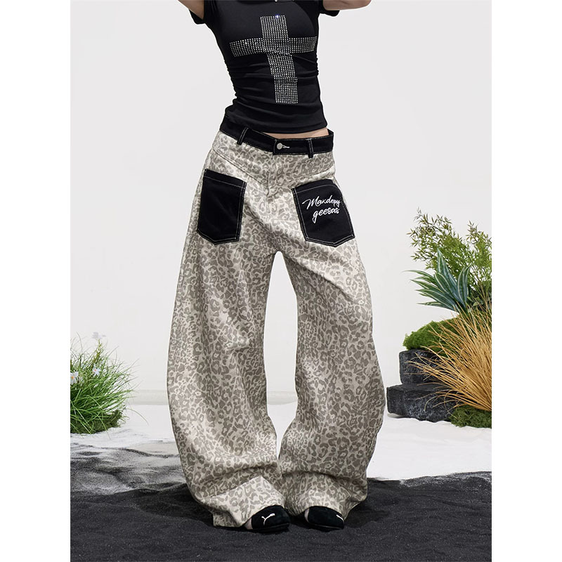 American Retro Design Leopard Print Wide-Leg Jeans for Men and Women, Loose Fit, Versatile, Slimming, Trendy, Casual Long Pants