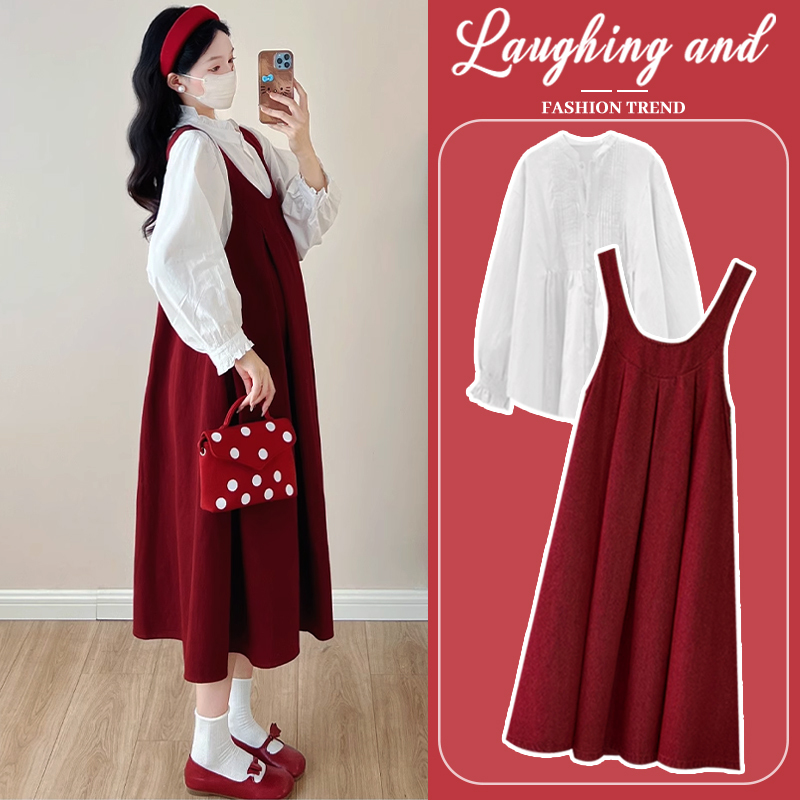 Maternity Suspender Dress, Spring and Autumn 2026 New Style, French-Style High-End Red Dress for Pregnant Women, Spring Outfit for Petite and Wide-Hipped Pregnant Women