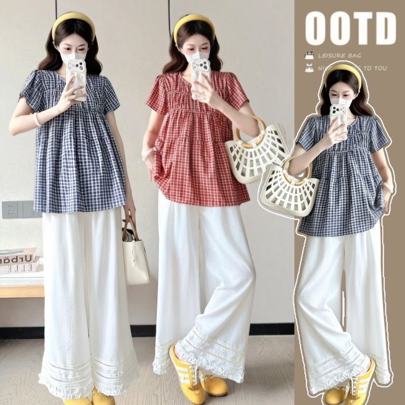 Maternity Wear Spring Outfit with a Stylish Round Neck Design, Youthful Plaid Top, Loose Fit, Slimming Effect, Short Plaid Top Maternity Wear Spring Outfit with a Stylish Round Neck Design, Youthful Plaid Top, Loose Fit, Slimming Effect, Short Plaid Top