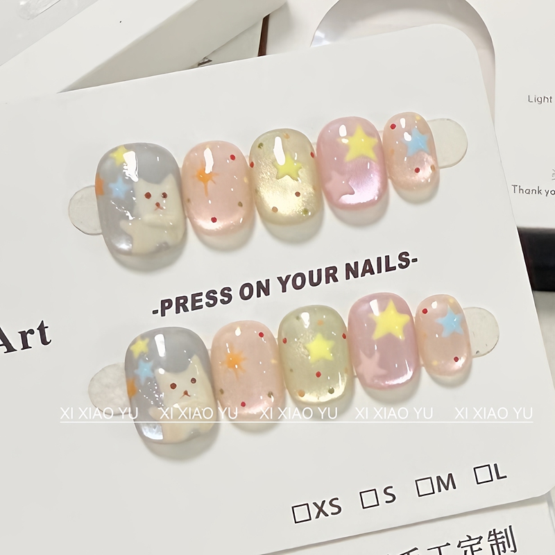 【Cute Cat】Hand-Painted Colorful Star Polka Dot Glass Bead Cat Eye Cute Short Nail Art That Makes Hands Look Fairer