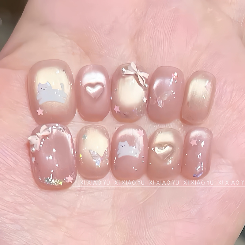 [Butterfly Meow Language] Cat-Eye Nail Art, Short Style, Hand-Painted Bow, Cat-Themed, Girly, Brightening, Pure Handmade Press-On Nails