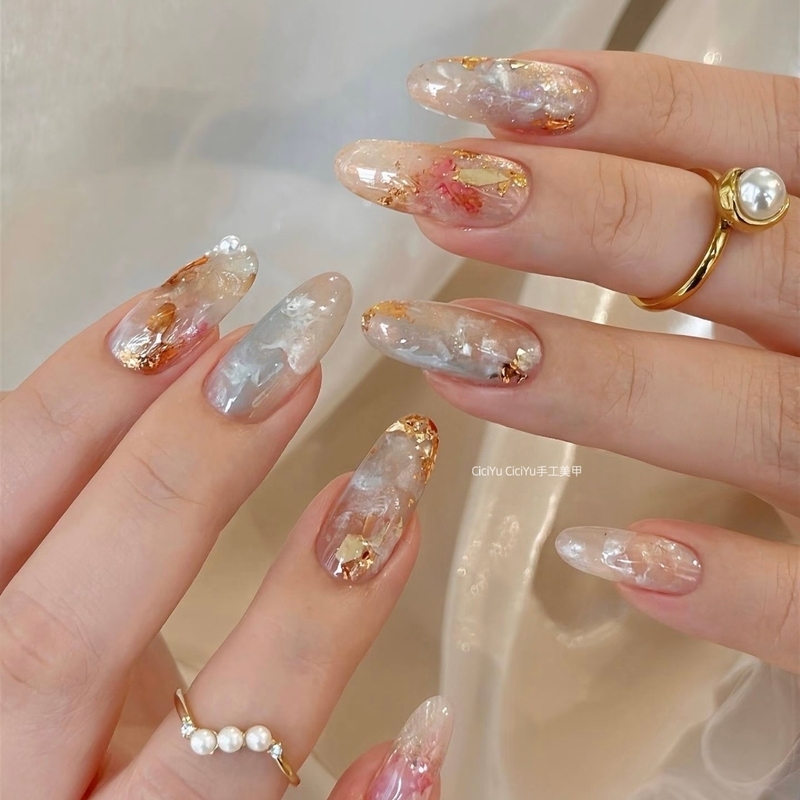 【Glass Wonderland】Pure Desire Hazy Atmosphere Acetate Gradient Gold Foil Cat Eye Crushed Diamond Handmade Wearable Nail Art