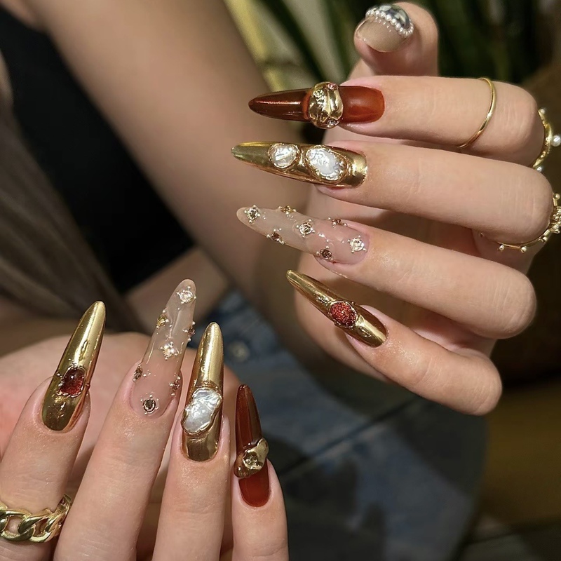 【Paper-Thin Luxury】Nail Art False Nails, Same Style as Miseline, Gemstone Baroque, High-End Red, Light Luxury, High-End Feel