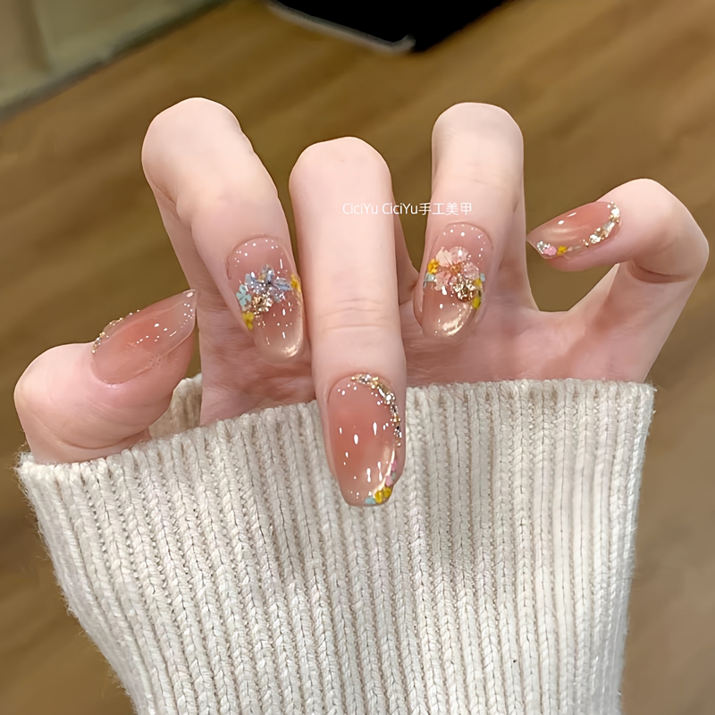 【Golden Thread Flower Notes】Spring Dream Garden Peach Gold Cat's Eye Crushed Diamond Hand-Painted Carved Light Luxury Purely Handmade Wearable Nails
