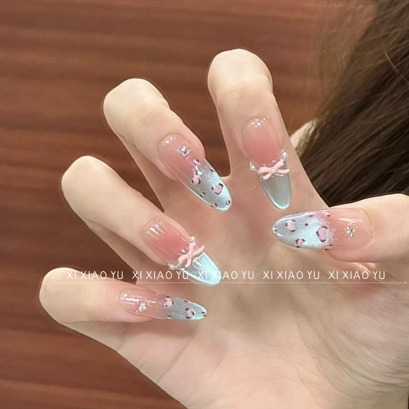 【Sea Salt Leopard Print】Handmade Wearable Nails Blue Cat Eye Gradient Bowknot Manicure Brightening Gentle Manicure