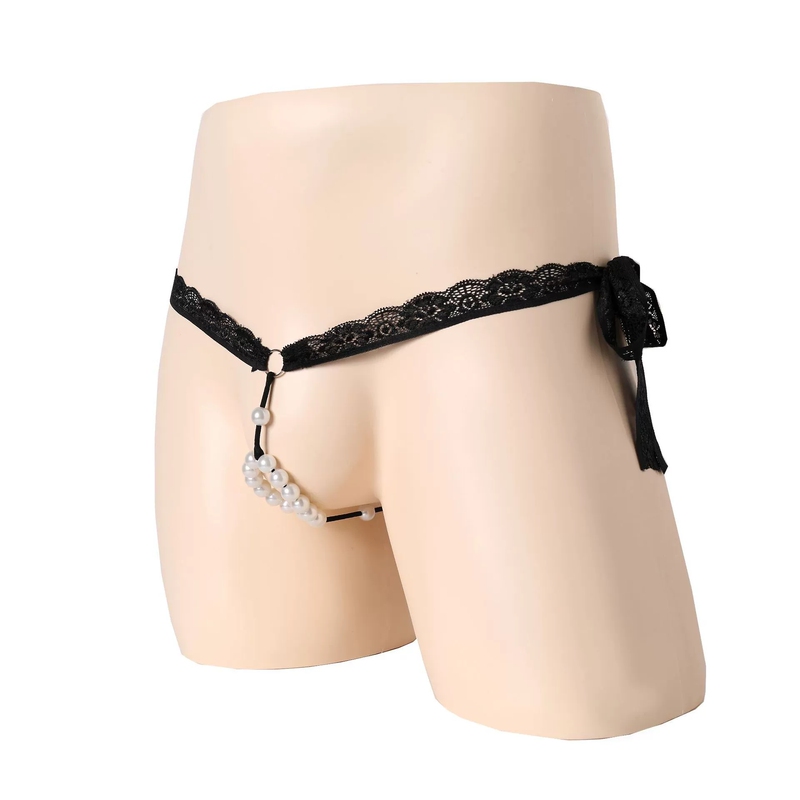 Men's Sexy Lace Pearl Underwear Men's Thong with Beads Low-Waist Hollow Breathable T-String Men's Sexy Lace Pearl Underwear Men's Thong with Beads Low-Waist Hollow Breathable T-String