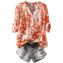 Floral shirt womens summer 2024 new design niche slimming loose temperament V-neck thin mid-sleeve shirt