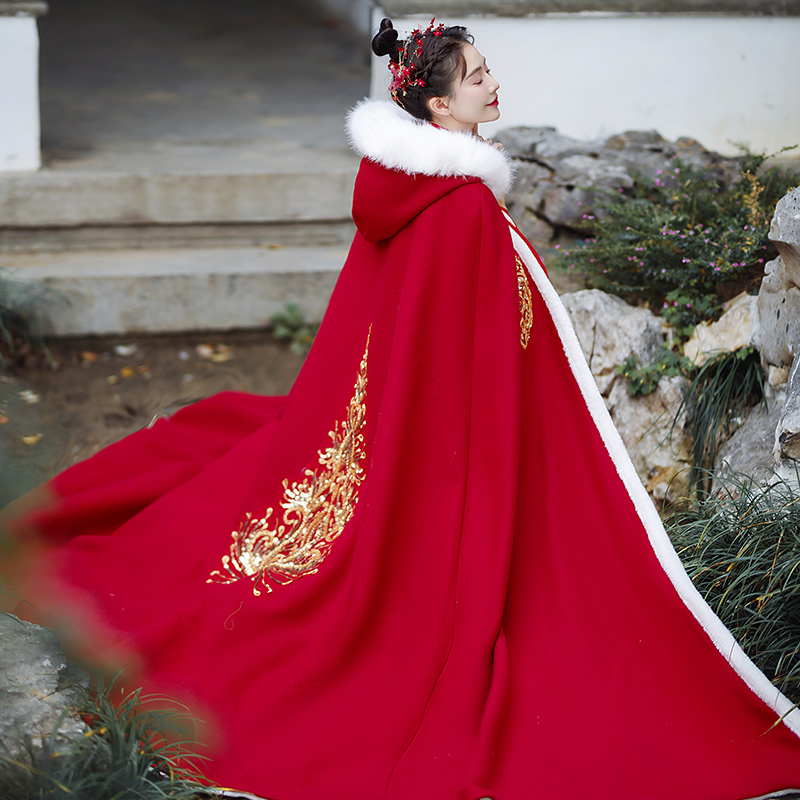 Bright Red Cape Hanfu for Women, Autumn and Winter Wedding Toast Outfit, Coat, Cloak, Traditional Costume, Ancient Style Shawl, Winter Wear