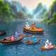 Micro-Landscape Creative Floating Boat with Ancient Characters Like Zhuge Liang and Li Bai DIY Decoration Accessories Mini Figurines