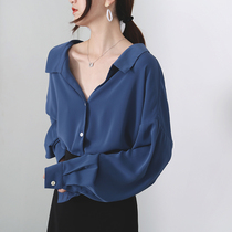 Blue Design Sensation Small Crowdshirt Woman Long Sleeve Blouse Jacket Snowspinning V Collar Foreign Air Lining Summer 2022 new women