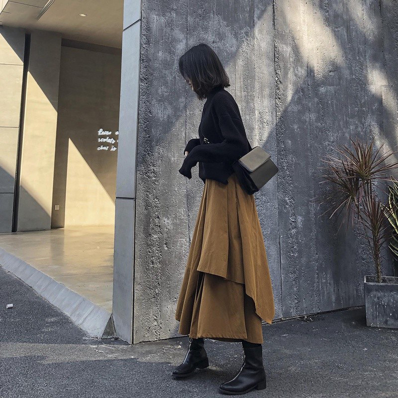 Elastic design sense tooling irregular high waist A-line skirt women's mid-length version 2022 early autumn new skirt