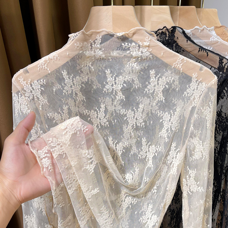 See-Through White Half-High Collar Lace Inner Top for Women, Autumn and Winter 2025 New Style, Ruffled Mesh Base Shirt, Thin Style