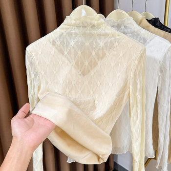 Autumn and winter half turtleneck plus velvet lace bottoming shirt for women 2025 new warm long-sleeved high-end mesh inner top